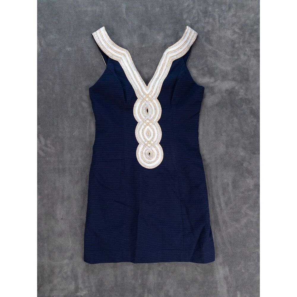 Lilly Pulitzer Valli Shift Dress Navy Gold Embroidered Soutache Trim Womens 00